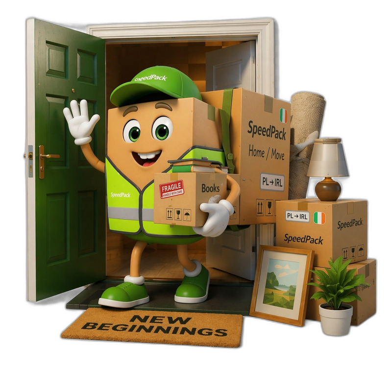 Maskotka SpeedPack przy drzwiach nowego domu