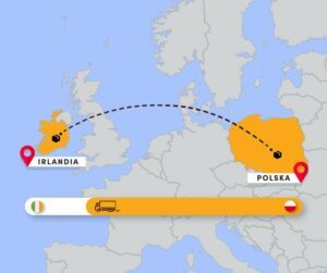 Obrazek pokazuje symbolicznie tranzyt z Polski do Irlandii przez całą Europę